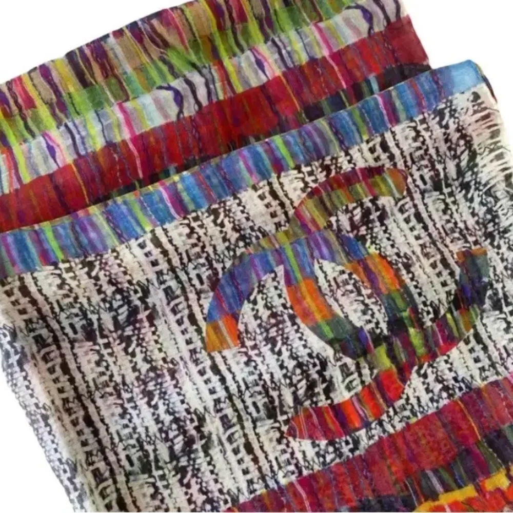 Auth Chanel Multicolor Cashmere Modal Silk Blend Striped Wrap Shawl Stole Scarf